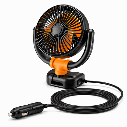 Black and orange portable fan with a coiled cable on a white background