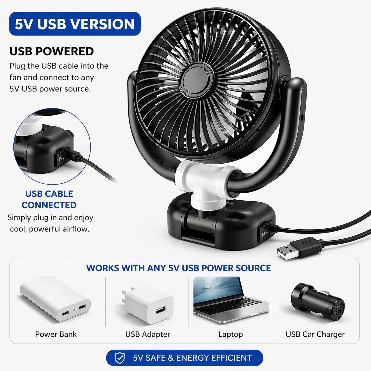 Heavy Duty Portable Car Cooling Fan – 5V USB / 12V Car / 24V Truck Adjustable Air Circulator