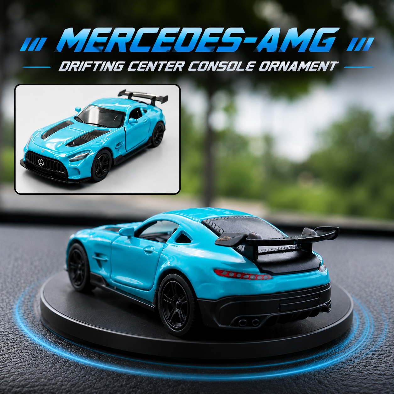 Blue Mercedes-AMG model car on a console with 'Mercedes-AMG Drifting Center Console Ornament' text.