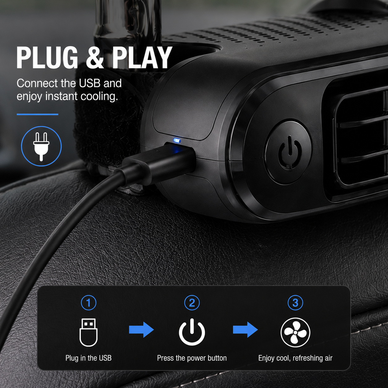 Car Headrest Fan – USB Rechargeable, 3-Speed Cooling for Front & Rear Seats